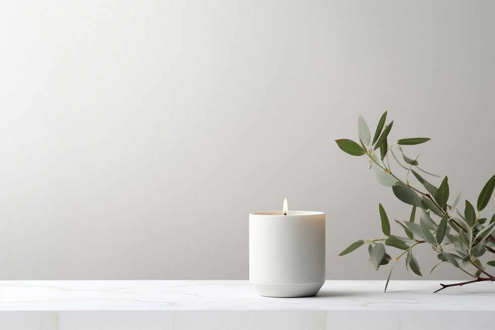 Candle on a white table with vases plant candlestick windowsill.