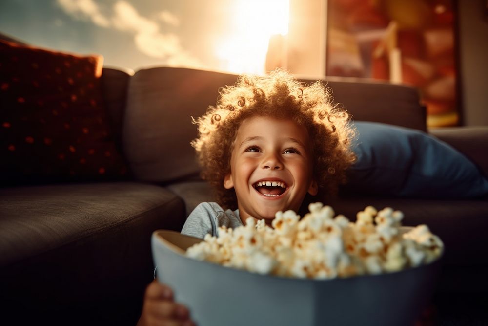 Watching movie popcorn smiling happy. AI generated Image by rawpixel.