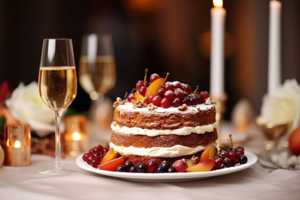 Wedding fruit cake dessert brunch candle. AI generated Image by rawpixel.