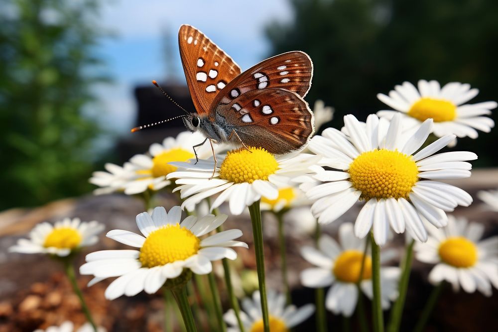 White daisy butterfly outdoors flower. AI generated Image by rawpixel.