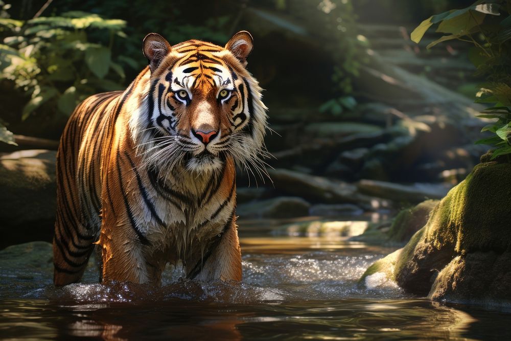 Tiger stream Ferocious wildlife. AI generated Image by rawpixel.