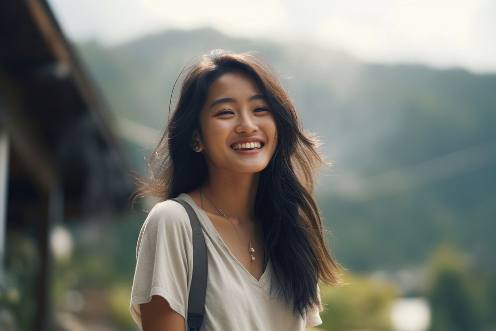 Outdoors Medium shot Asian woman laughing. AI generated Image by rawpixel.