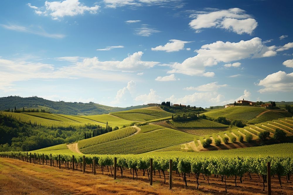 Landscape vineyard Tuscany sky. AI generated Image by rawpixel.