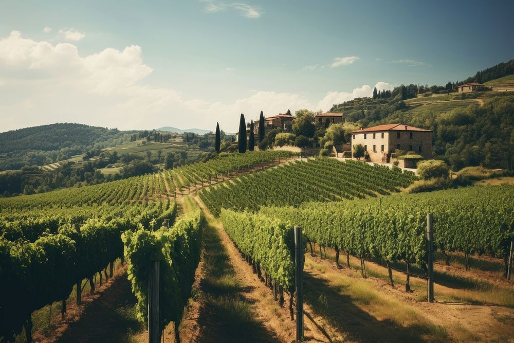 Vineyard landscape Tuscany architecture. AI generated Image by rawpixel.