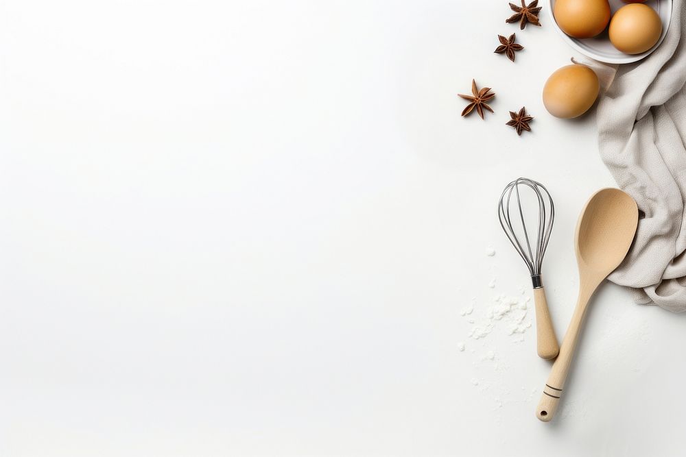 Cooking utensil and ingredients, white background. .