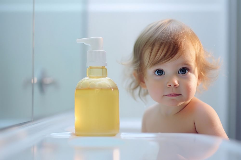 Shampoo pump bottle bathtub baby portrait. AI generated Image by rawpixel.
