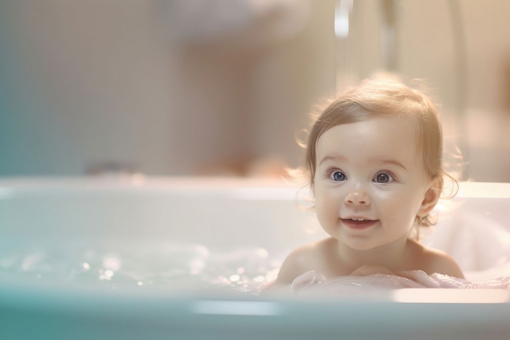 Shampoo pump bottle baby portrait bathing. 