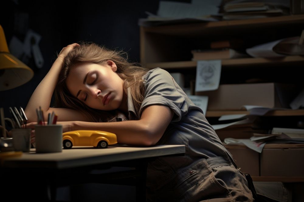 Woman worker sleeping portrait worried. AI generated Image by rawpixel.