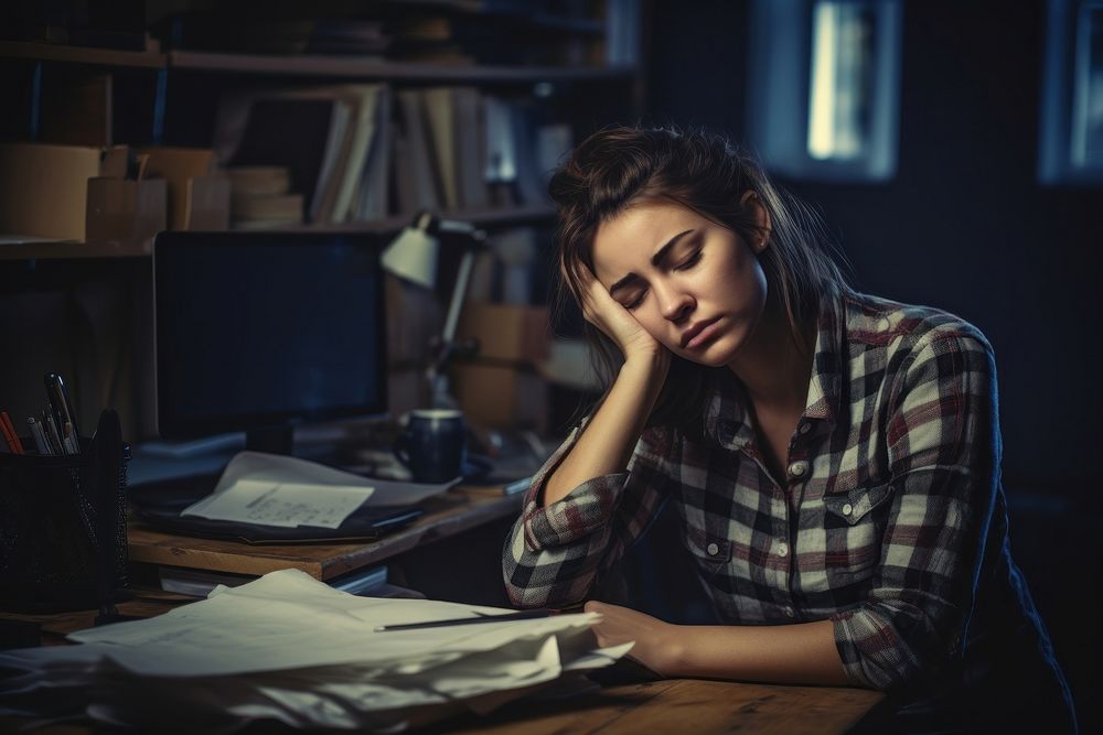 Woman worker worried desk disappointment. AI generated Image by rawpixel.