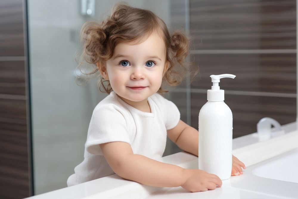 Shampoo pump bottle baby bathroom portrait. AI generated Image by rawpixel.