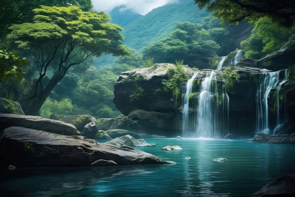 Waterfall landscape natural outdoors. AI generated Image by rawpixel.