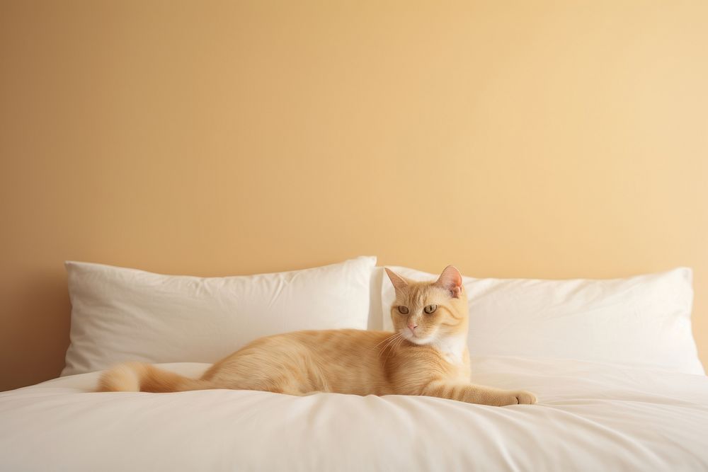 Cat on a bed, minimal photo. AI generated image by rawpixel.