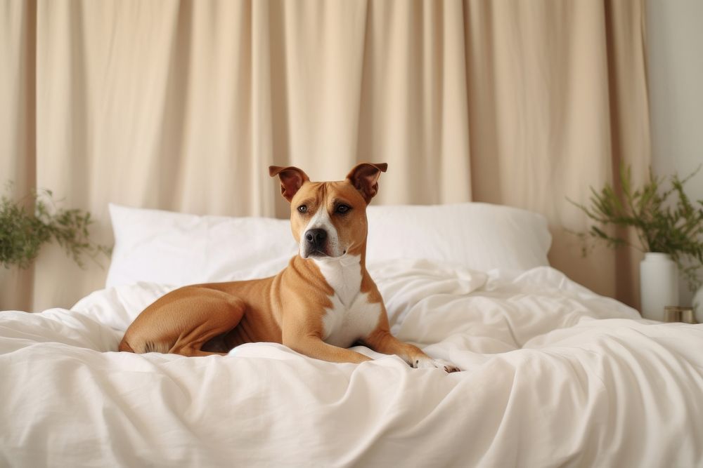 Dog on a bed, minimal bedroom. AI generated image by rawpixel.