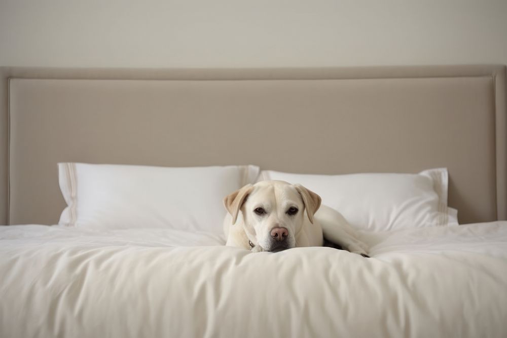 Dog on a bed, minimal bedroom. AI generated image by rawpixel.