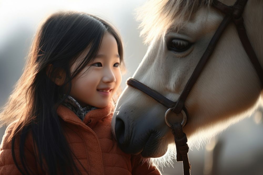 Horse little girl Asian portrait. AI generated Image by rawpixel.