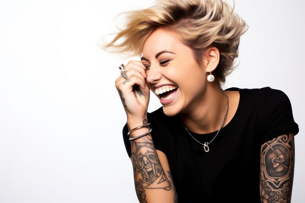 Tattoos laughing portrait jewelry. 