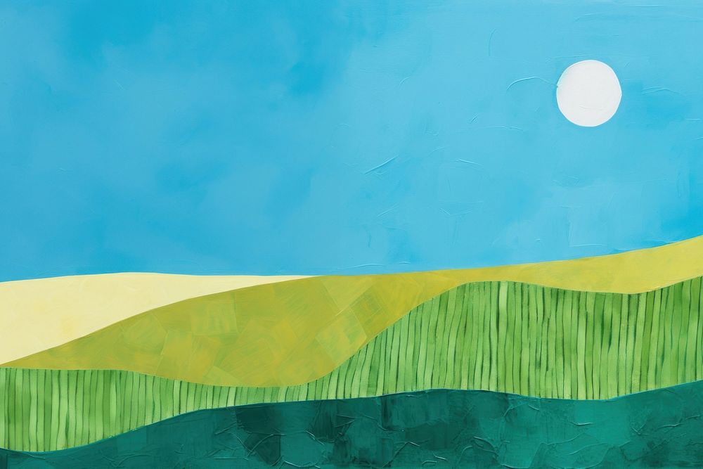 An acrylic painting on paper cut into make a collage of a lush green hillside blue sky clean. 