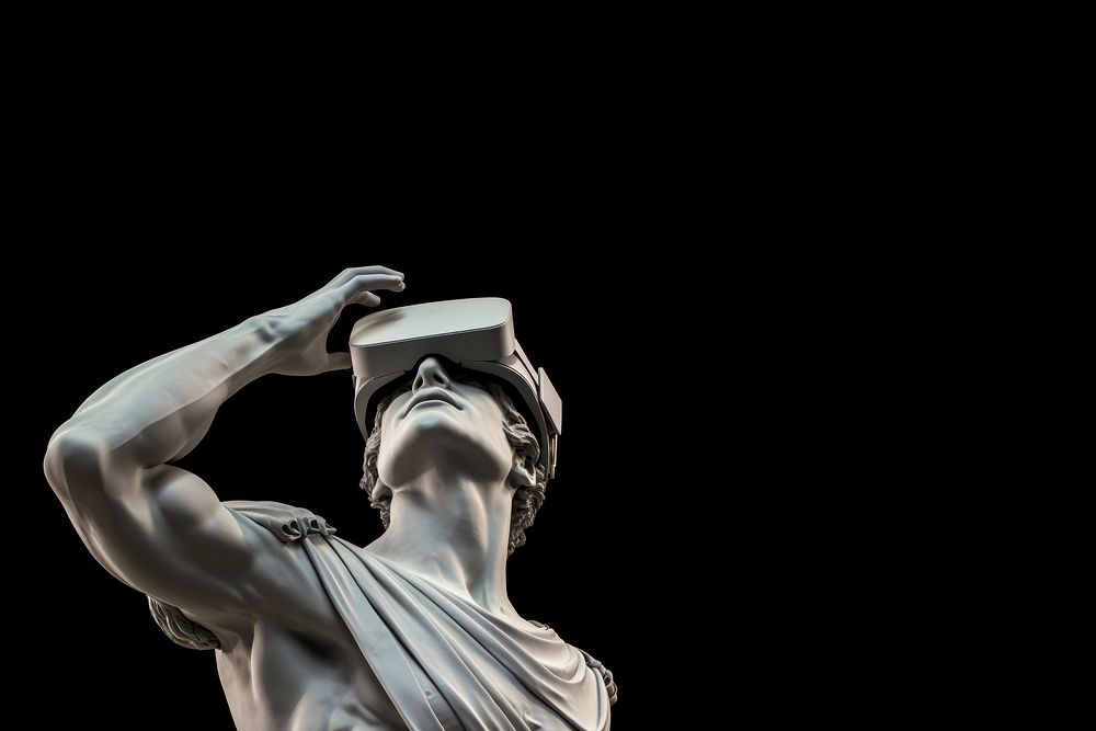 Greek God statue wearing VR glasses. 