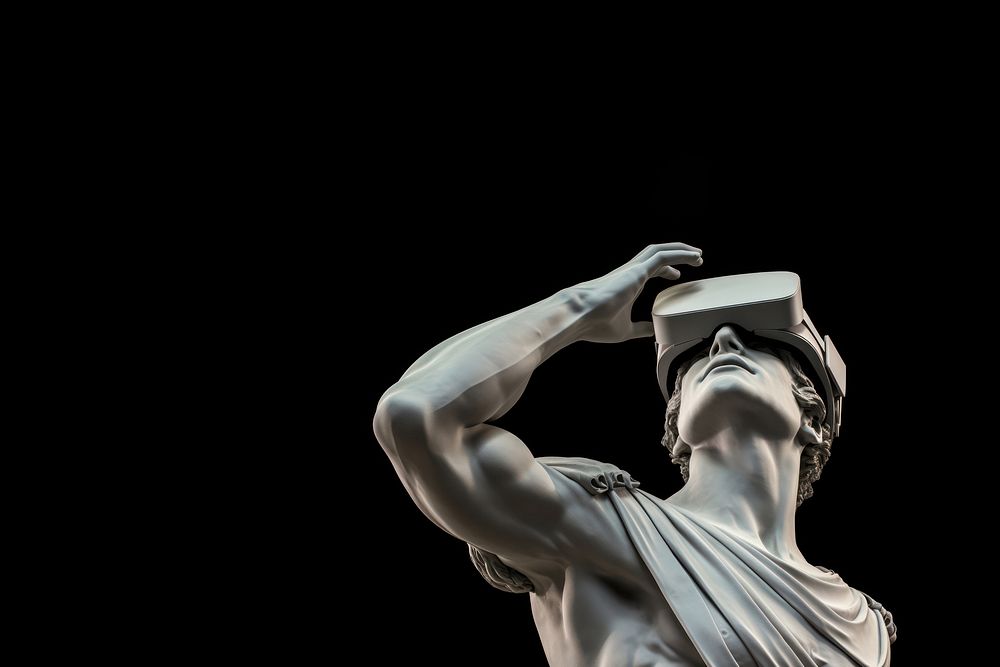 Greek God statue wearing VR glasses. 