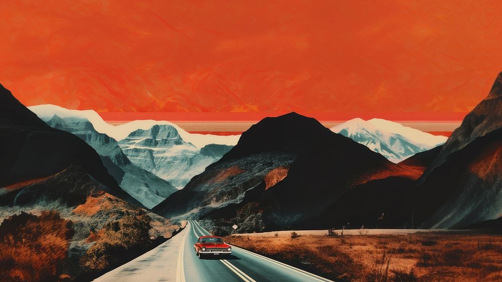collage composition of a car driving through mountains. AI generated Image by rawpixel.