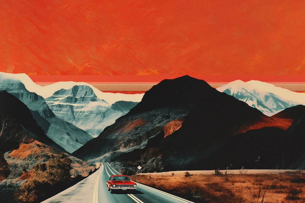 collage composition of a car driving through mountains. AI generated Image by rawpixel.