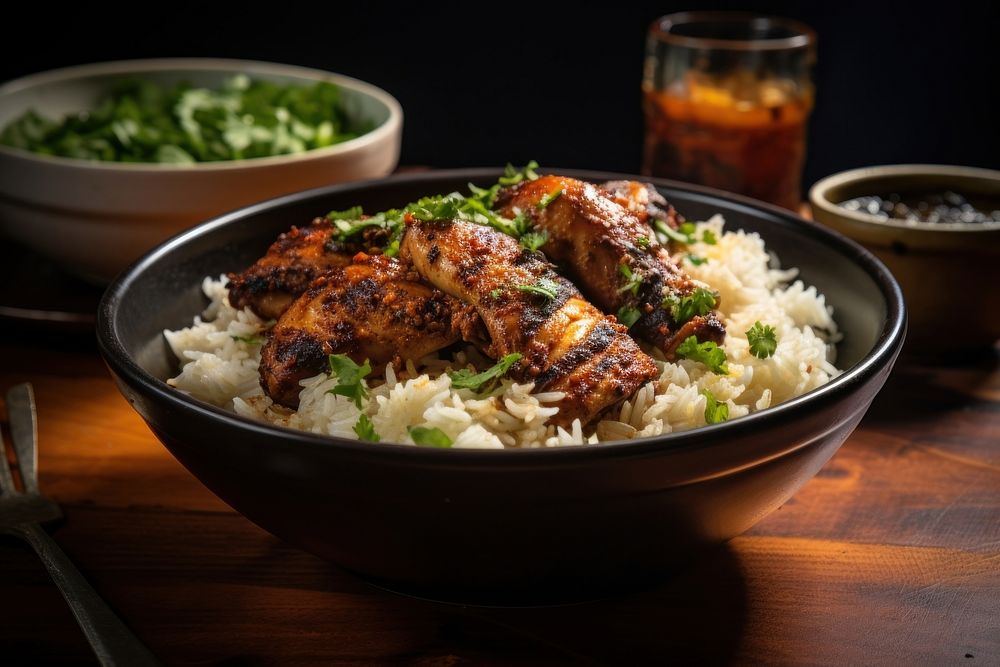Grilled chicken basmati food meat. AI generated Image by rawpixel.