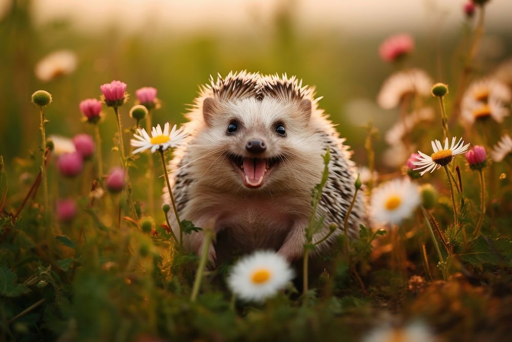Cute hedgehog outdoors flower grass. AI generated Image by rawpixel.