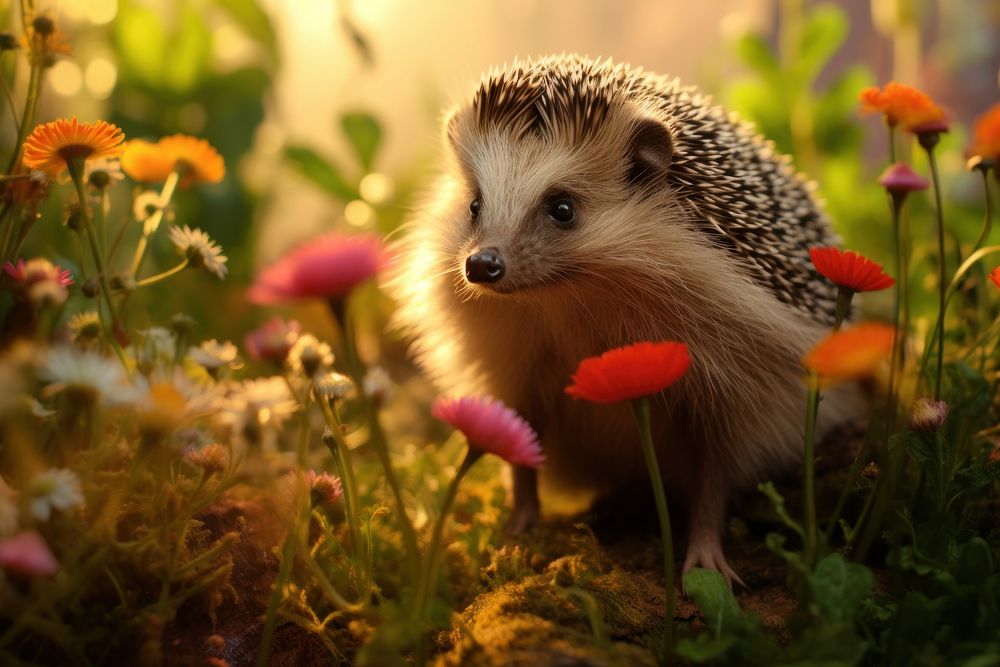 Cute hedgehog outdoors flower animal. AI generated Image by rawpixel.