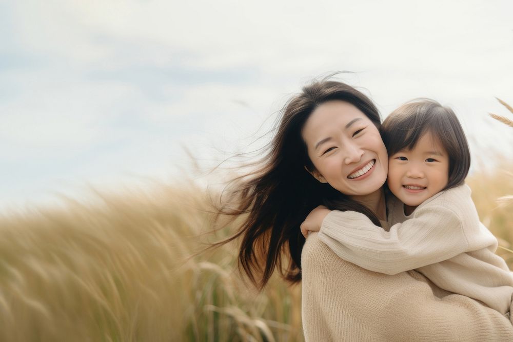 full body of Asian mother hug asian daughter. 