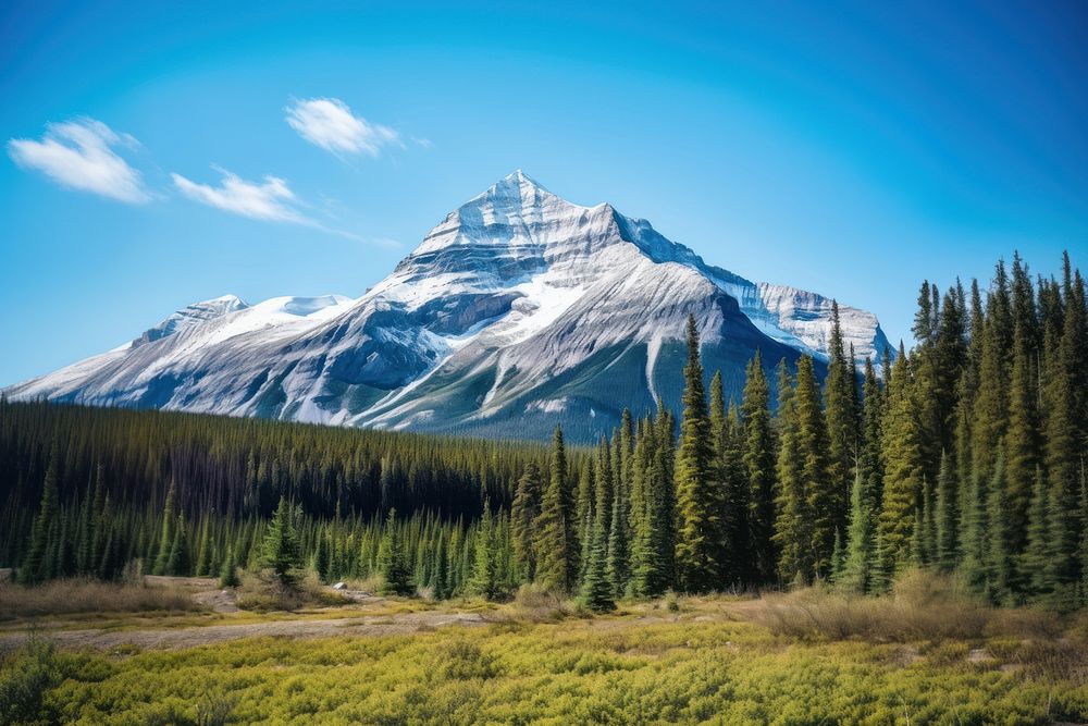 Tall snow cap mountain forest wilderness landscape. AI generated Image by rawpixel.