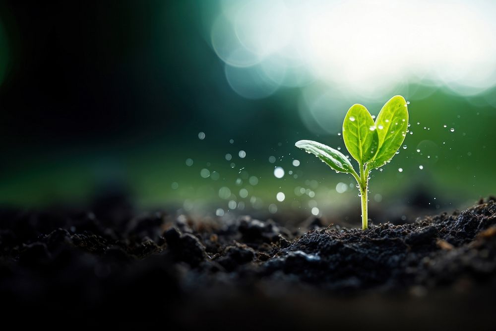 Photo of water drop on newly planted sprout, close up shoot. 