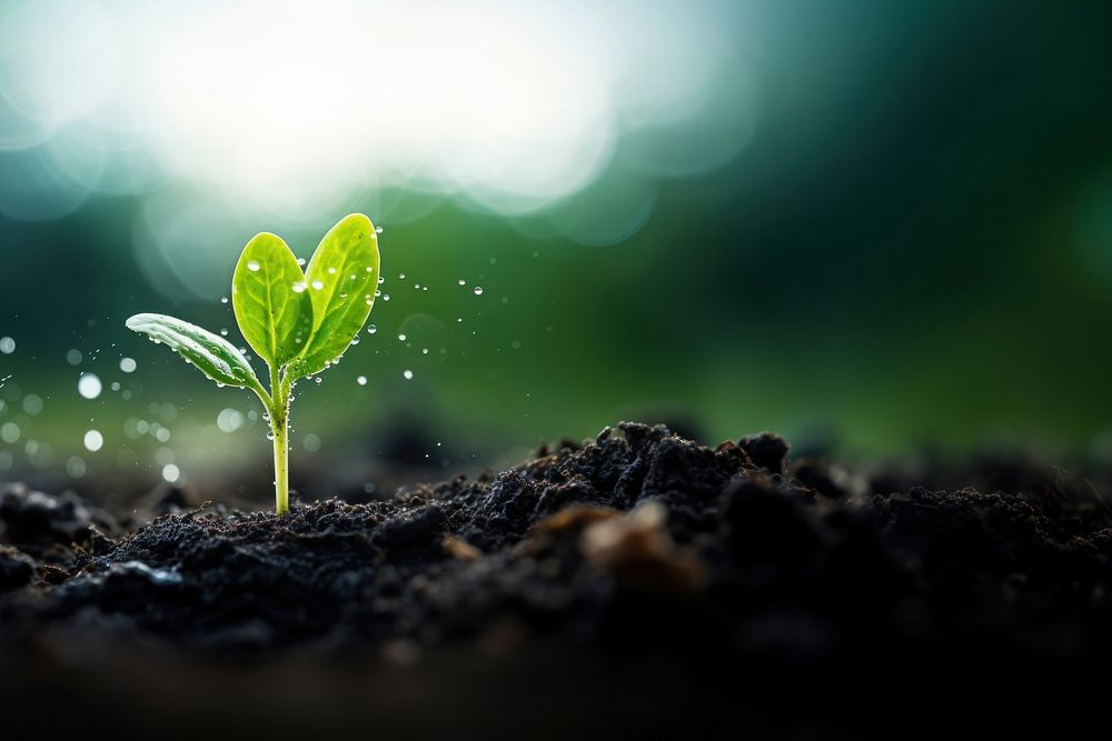 Photo of water drop on newly planted sprout, close up shoot. 