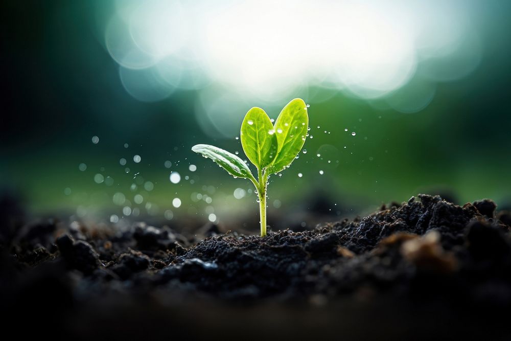 Photo of water drop on newly planted sprout, close up shoot. AI generated Image by rawpixel.