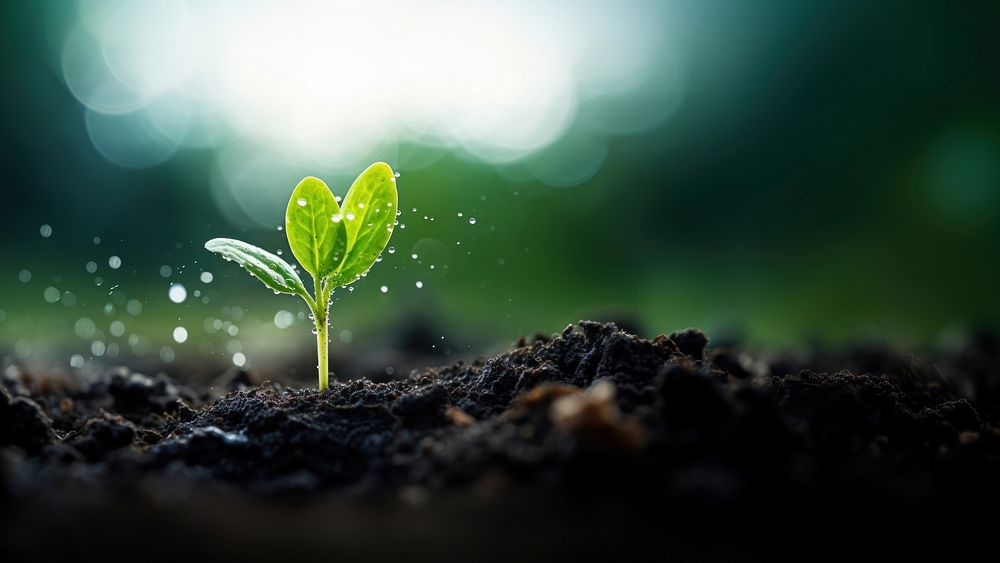 Photo of water drop on newly planted sprout, close up shoot. 