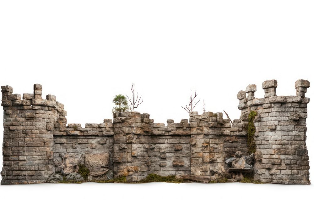 Medieval castle wall architecture ruins white background. AI generated Image by rawpixel.