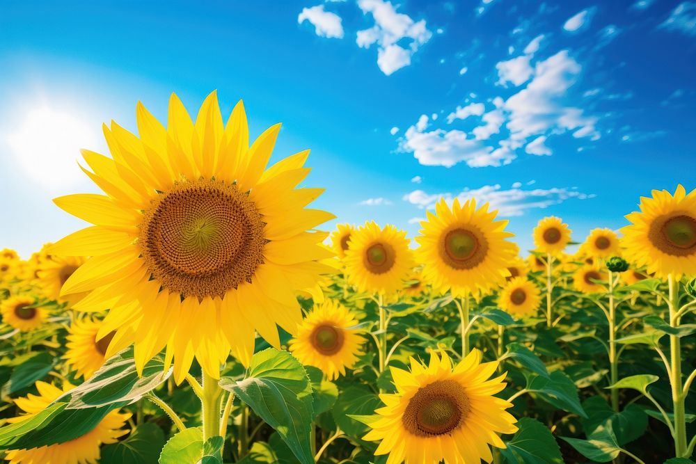 Sunflower field sky outdoors blossom. AI generated Image by rawpixel.