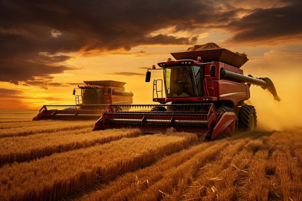 Combines harvesting wheat agriculture outdoors nature. 