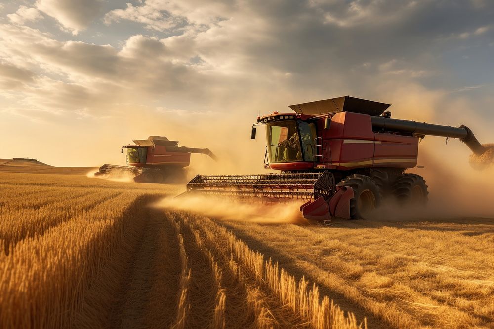 Combines harvesting wheat outdoors nature farm. 