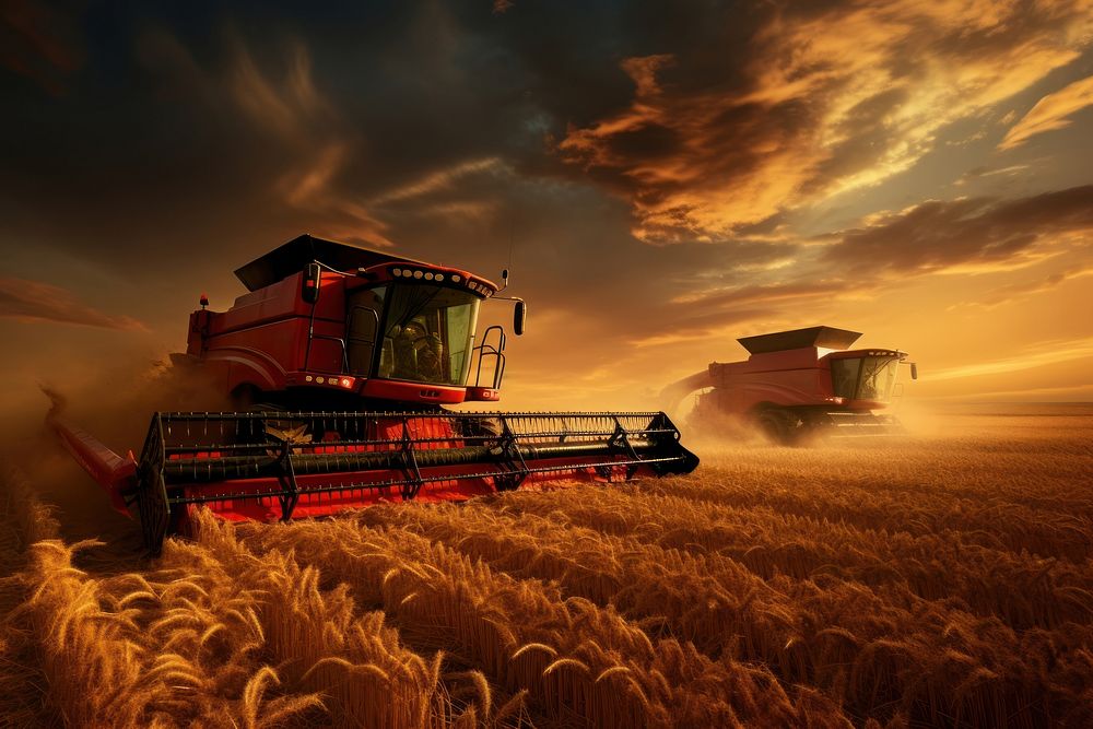 Combines harvesting wheat agriculture outdoors vehicle. AI generated Image by rawpixel.