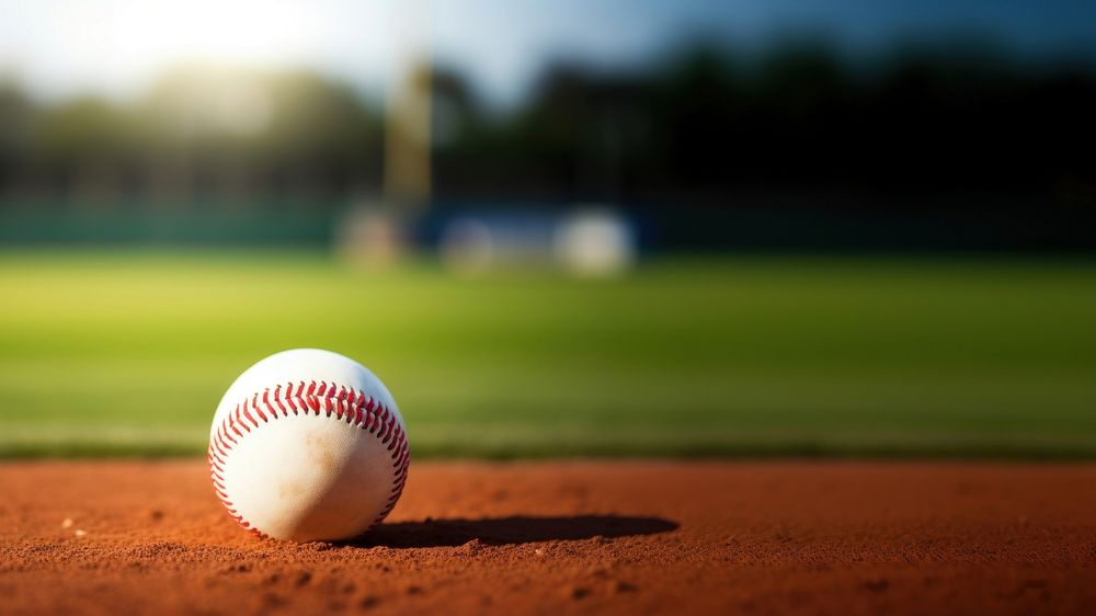 photo of Close-up of baseball on Grass Field with Blurry Stadium in Background. 