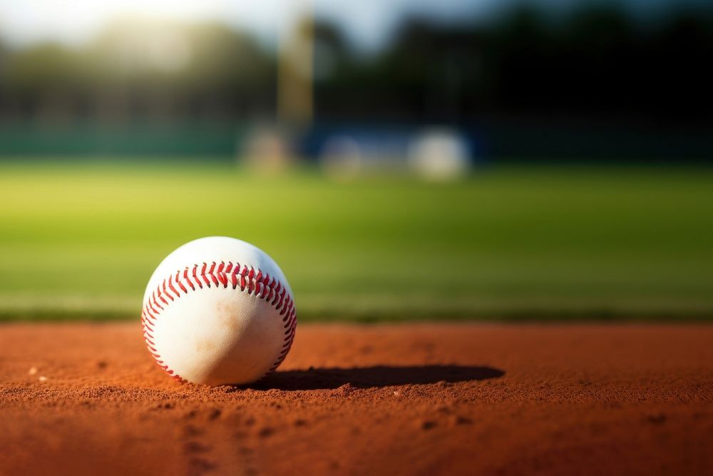 photo of Close-up of baseball on Grass Field with Blurry Stadium in Background. 