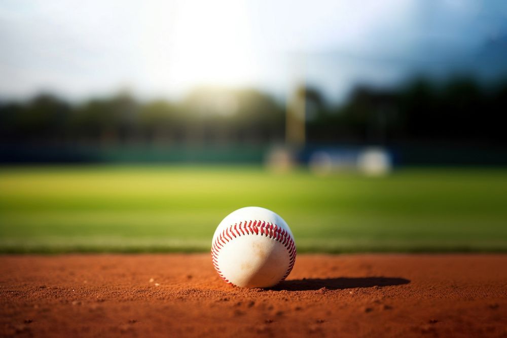 photo of Close-up of baseball on Grass Field with Blurry Stadium in Background. 