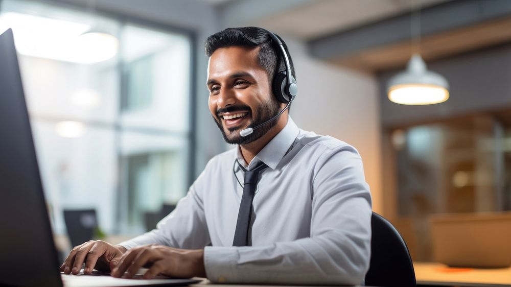 Photo of indian man working at call center, smilling talking to a laptop. AI generated Image by rawpixel.