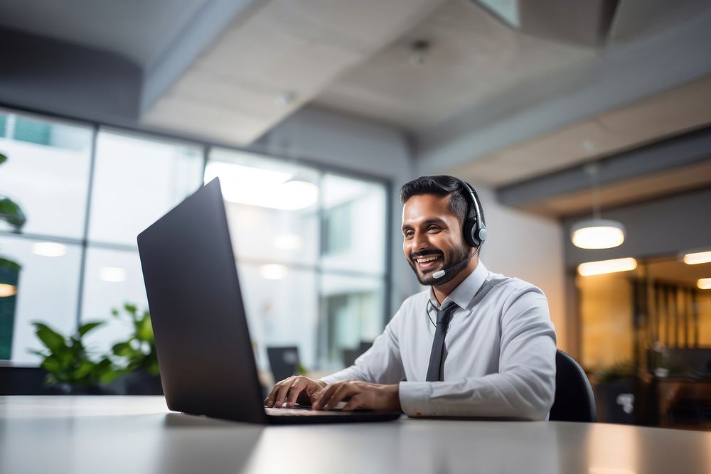 Photo of indian man working at call center, smilling talking to a laptop. AI generated Image by rawpixel.