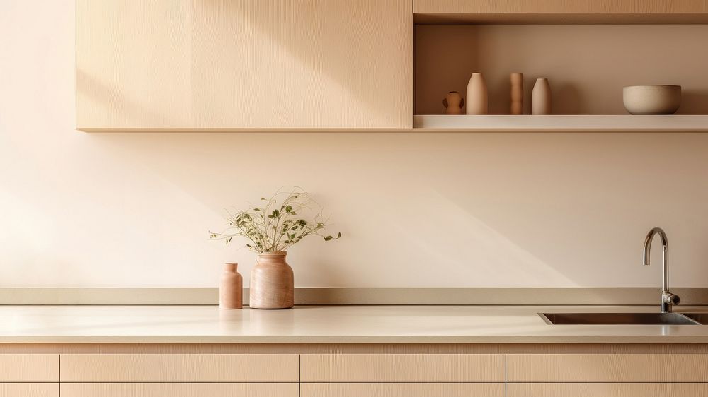 photo of Japandi kitchen room interior with a cozy beige kitchen counter. 