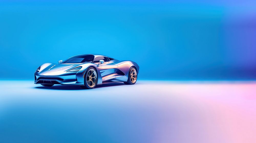 photo of metalic blue sport car, isolated on solid color background. 