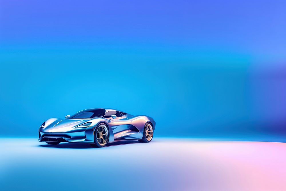 photo of metalic blue sport car, isolated on solid color background. 