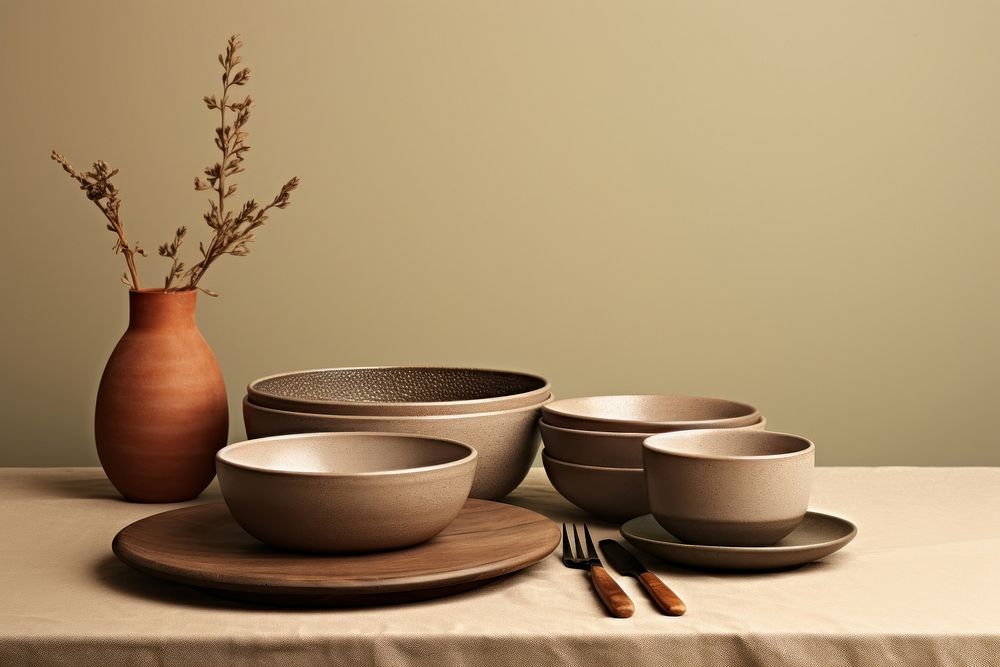 Ceramic dinnerware set pottery table bowl. AI generated Image by rawpixel.