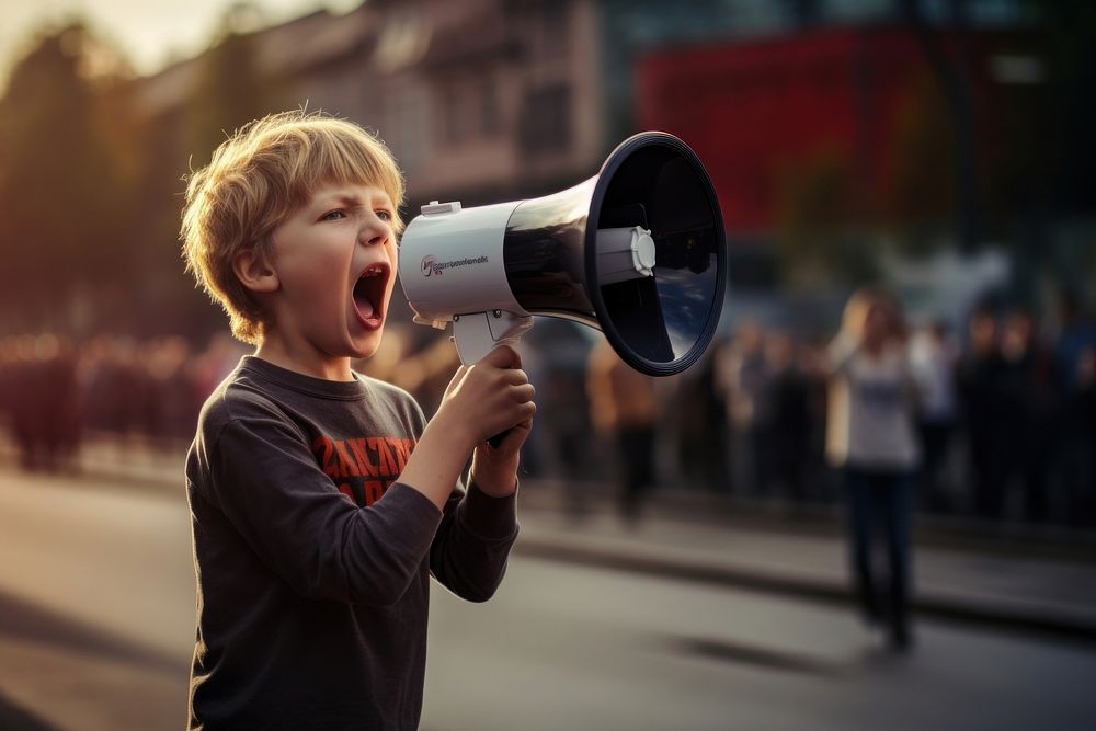 Shouting child adult city. 