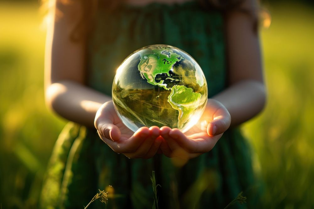 Girl holding a green fluid earth outdoors planet nature. 